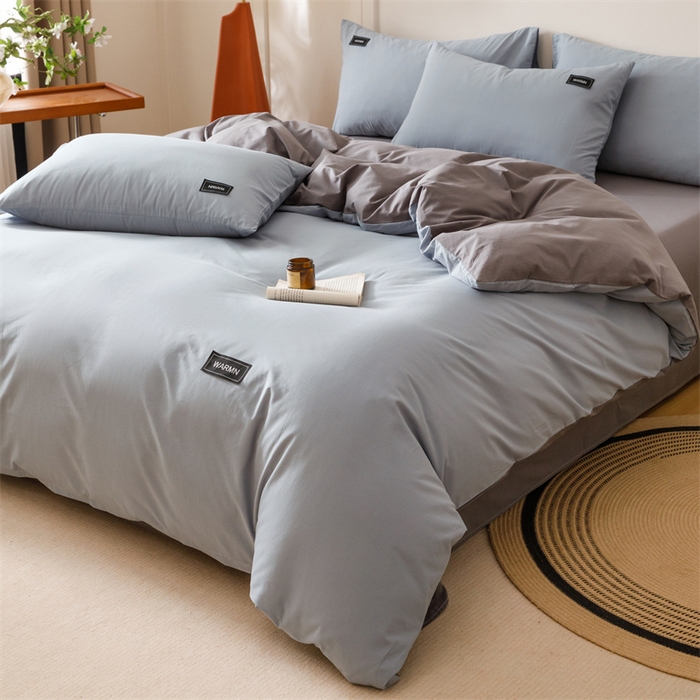 91家纺网 家纺一手货源 找家纺 趣色家纺 2025新款全棉双拼纯色四件套 雾霾蓝+浅灰