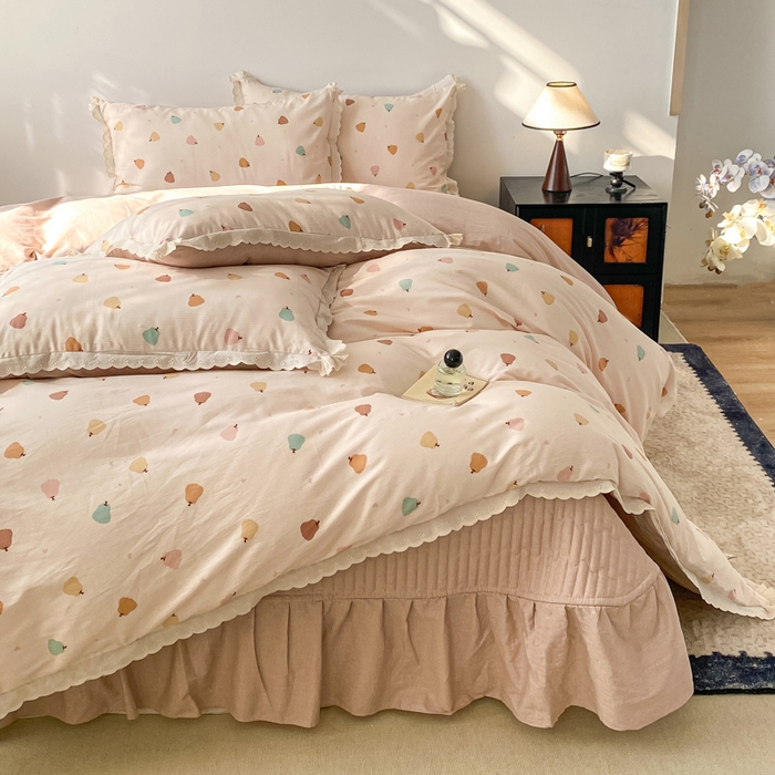 91家纺网 家纺一手货源 找家纺 梦可莱家居 2025新款全棉韩版蕾丝边床盖四件套 南瓜