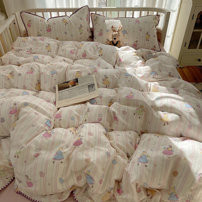 91家纺网 家纺一手货源 找家纺 三朵 2025新款全棉双层纱三角针四件套 萌畔粉