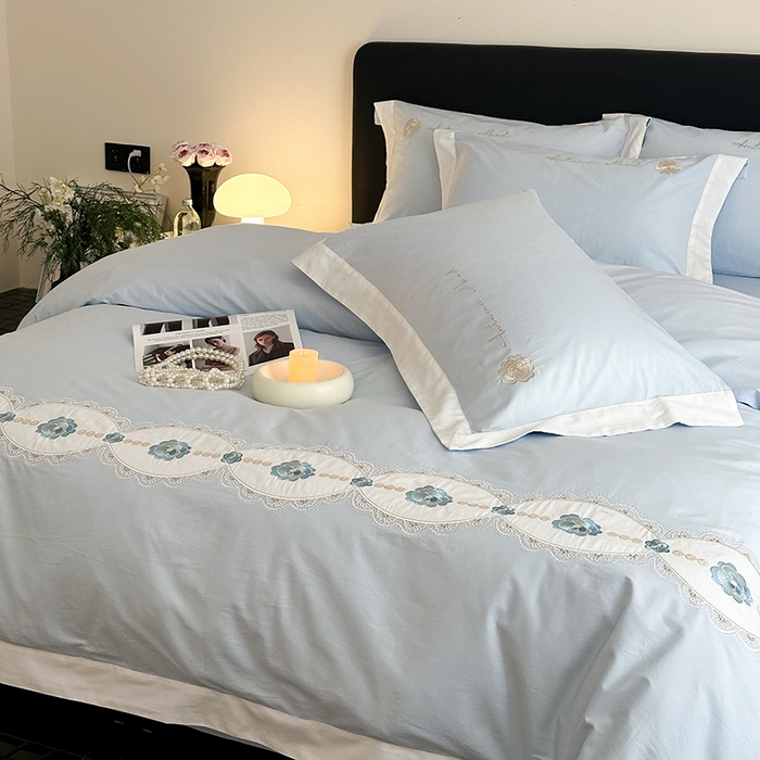 91家纺网 家纺一手货源 找家纺 懒猫家纺 2025新款【克莉斯】全棉刺绣四件套 克莉斯-蓝