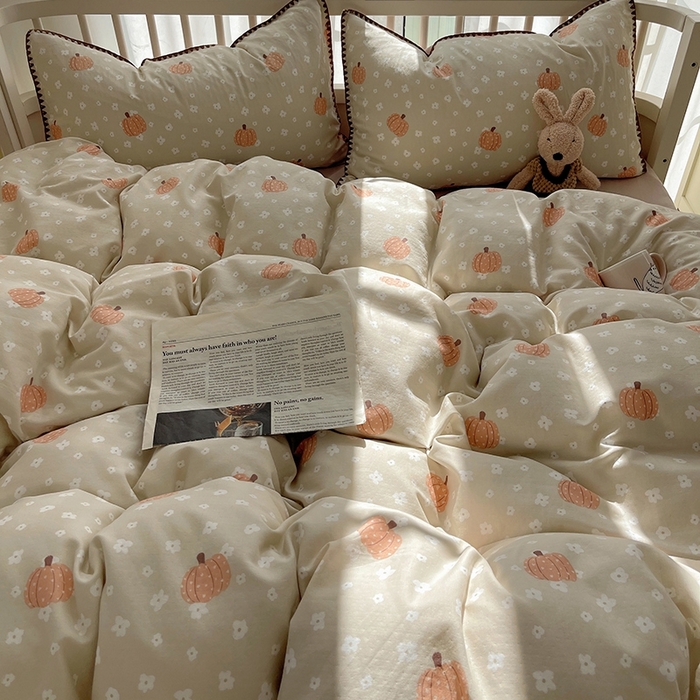 91家纺网 家纺一手货源 找家纺 三朵 2025新款全棉双层纱三角针四件套 爱心南瓜