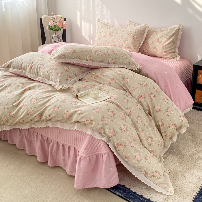 91家纺网 家纺一手货源 找家纺 梦可莱家居 2025新款全棉韩版蕾丝边床盖四件套 玫瑰