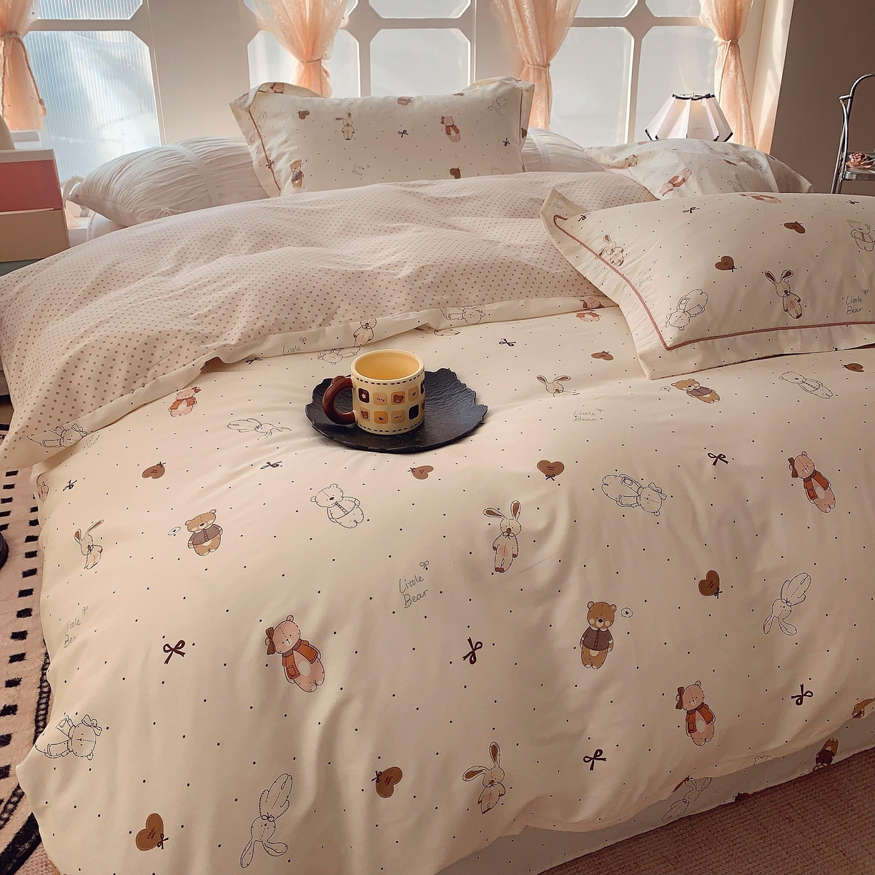 91家纺网 家纺一手货源 找家纺 奈萝家纺 2025新款亲肤小清新全棉四件套 布朗熊