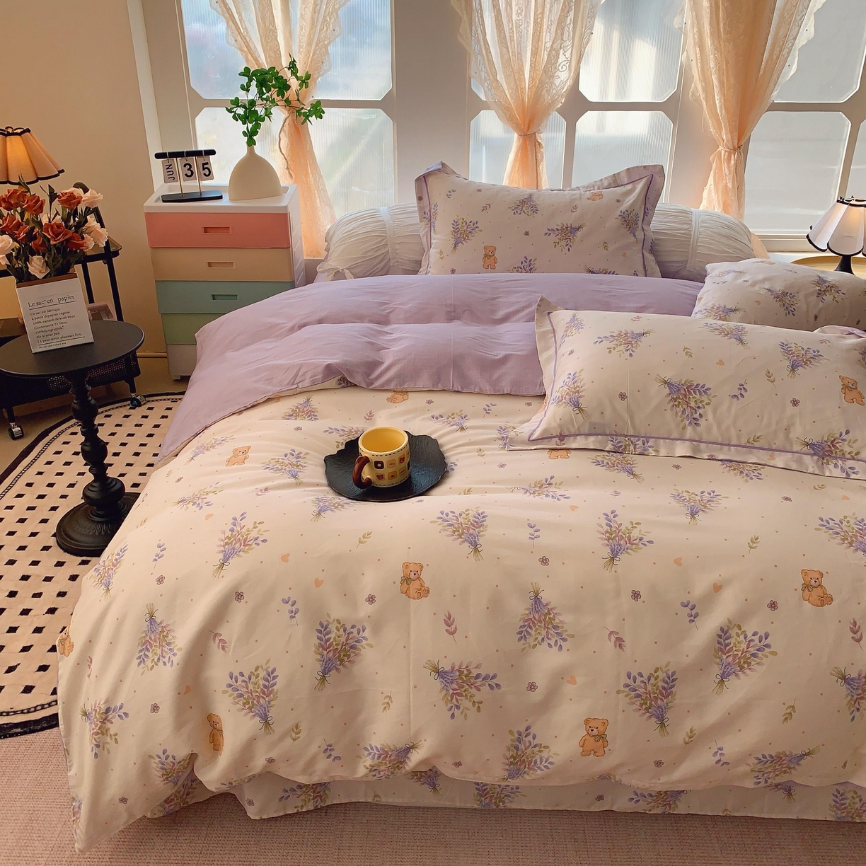 91家纺网 家纺一手货源 找家纺 奈萝家纺 2025新款亲肤小清新全棉四件套 松松熊米