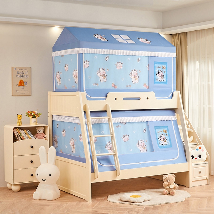 91家纺网 家纺一手货源 找家纺 迪凡保罗蚊帐 2025新款2504专版印花遮光帘上下铺子母蚊帐-城堡款 快乐牛牛