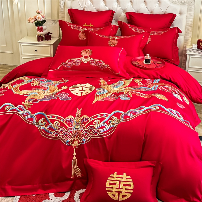 91家纺网 家纺一手货源 找家纺 欧乐蒂 2025新款亲肤棉刺绣婚庆四件套 龙凤祥瑞