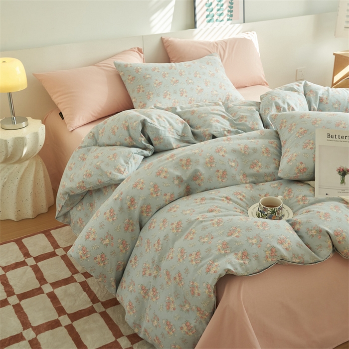 91家纺网 家纺一手货源 找家纺 趣色家纺 2025新款A类全棉双层纱印花四件套 清秋兰