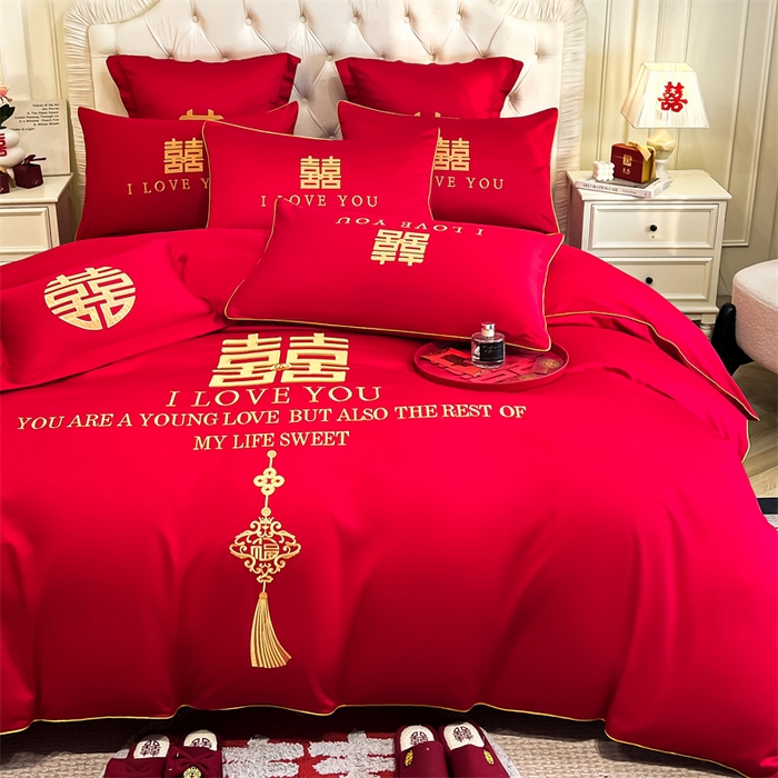 91家纺网 家纺一手货源 找家纺 欧乐蒂 2025新款亲肤棉刺绣婚庆四件套 今生今世