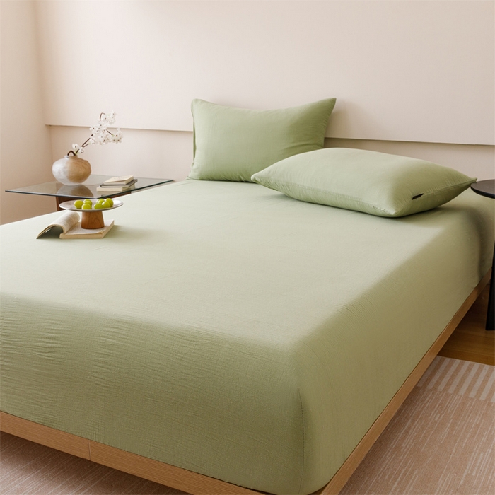 91家纺网 家纺一手货源 找家纺 趣色家纺 2025新款全棉皱皱纱单床笠 抹茶绿