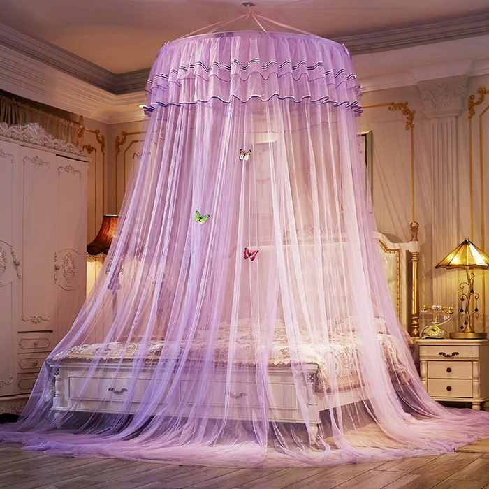 91家纺网 家纺一手货源 找家纺 宝莱利 2025年新款1.5米直径圆顶吊顶落地蚊帐-芳华 紫色