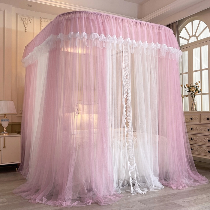 91家纺网 家纺一手货源 找家纺 宝莱利 2025年新款拉幕导轨蚊帐（可升降合金弯头支架）-田园风情 豆沙红