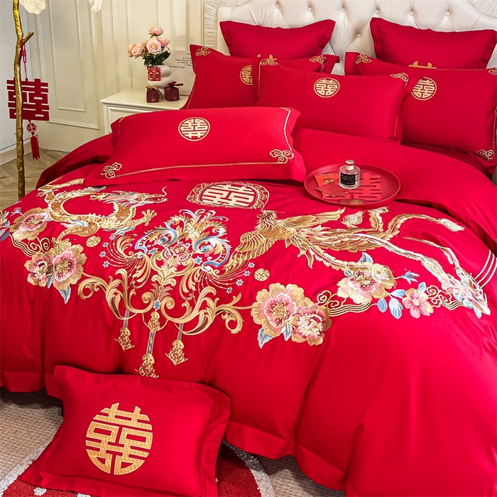 91家纺网 家纺一手货源 找家纺 欧乐蒂 2025新款亲肤棉刺绣婚庆四件套 金龙瑞凤