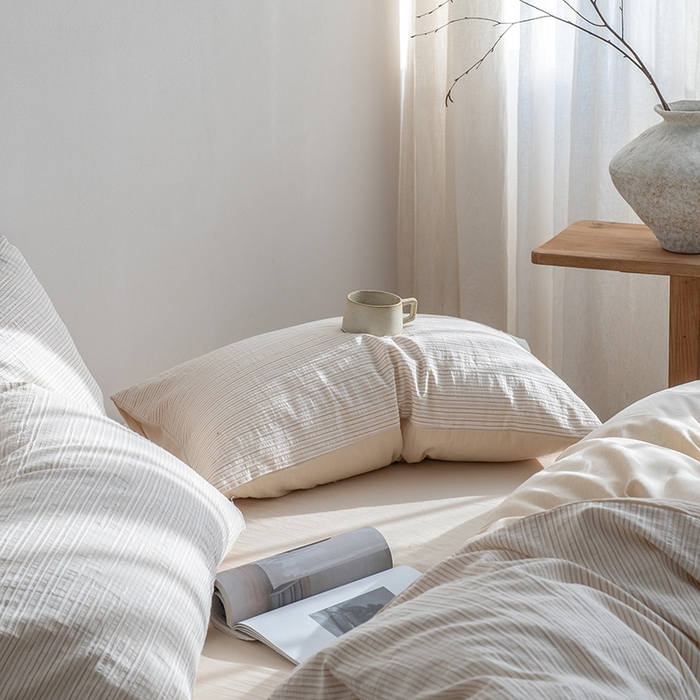 91家纺网 家纺一手货源 找家纺 小春日和 2025新款高端民宿风纯棉四件套特殊工艺全棉被套人字纹棉1.8床笠纯色双人床单加大笠 岛屿-驼