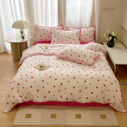 雅居纺家纺 2025新款全棉贝壳边双层纱四件套 小草莓