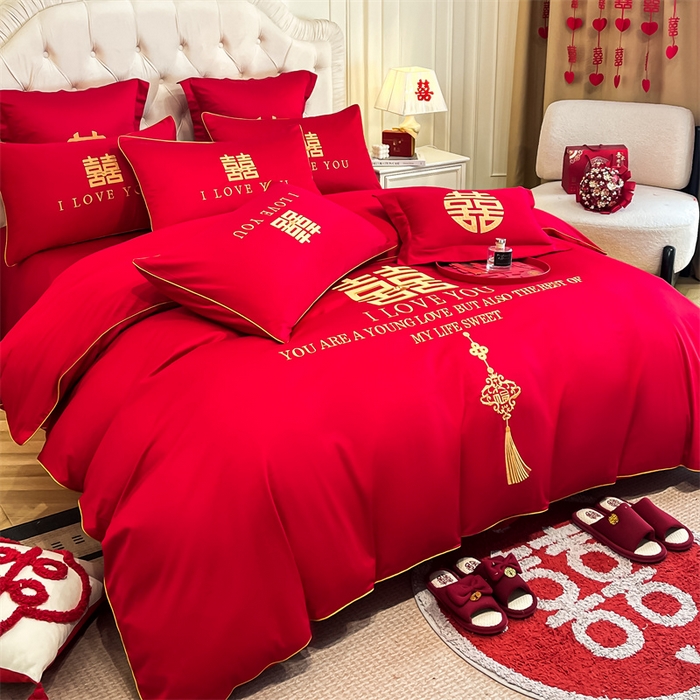 91家纺网 家纺一手货源 找家纺 欧乐蒂 2025新款亲肤棉刺绣婚庆四件套 今生今世