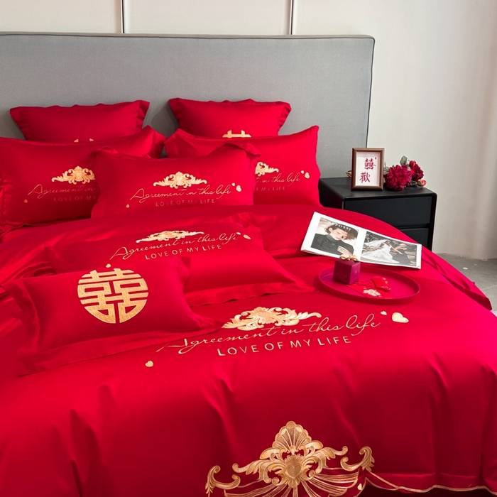 91家纺网 家纺一手货源 找家纺 欧乐蒂 2025新款欧式亲肤棉婚庆四件套 锦绣佳缘-红