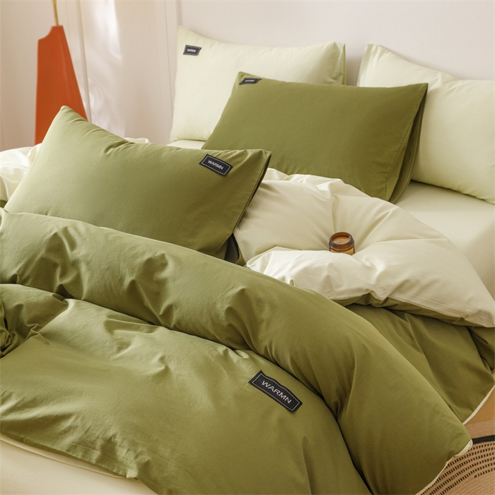 91家纺网 家纺一手货源 找家纺 趣色家纺 2025新款全棉双拼纯色四件套 草绿+抹茶