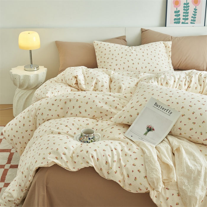 91家纺网 家纺一手货源 找家纺 趣色家纺 2025新款A类全棉双层纱印花四件套 柚香红