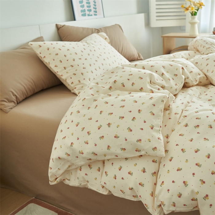 91家纺网 家纺一手货源 找家纺 趣色家纺 2025新款A类全棉双层纱印花四件套 柚香红