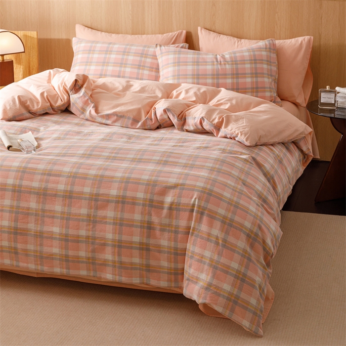 91家纺网 家纺一手货源 找家纺 趣色家纺 2025新款全棉色织水洗棉四件套 简兮粉