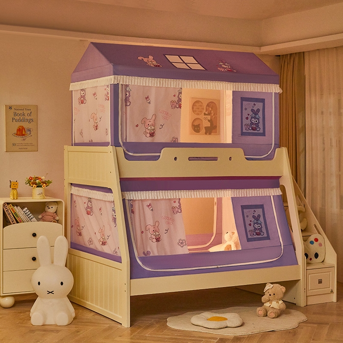 91家纺网 家纺一手货源 找家纺 迪凡保罗蚊帐 2025新款2504专版印花遮光帘上下铺子母蚊帐-城堡款 奶萌兔兔