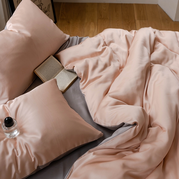 91家纺网 家纺一手货源 找家纺  沐晴家纺 2025春夏新款纯色兰精天丝四件套双拼单被套单床笠床单枕套 月光色-岩石灰