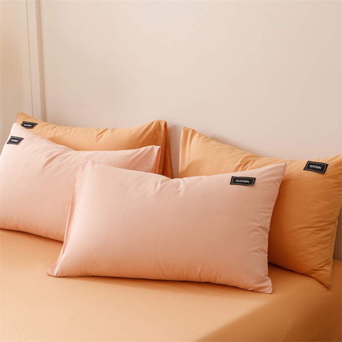 91家纺网 家纺一手货源 找家纺 趣色家纺 2025新款全棉双拼纯色四件套 浅粉+焦糖