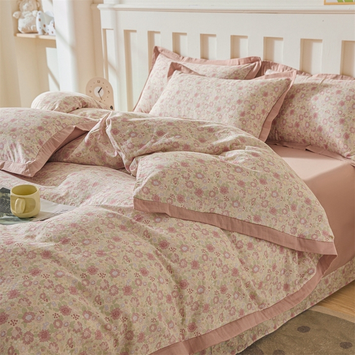 91家纺网 家纺一手货源 找家纺 缦彩 【加微信送买家秀】2025新款母婴级双层纱宽边床单四件套 怦然心动