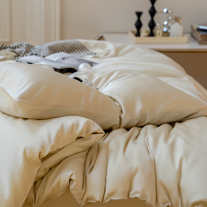 91家纺网 家纺一手货源 找家纺  沐晴家纺 2025春夏新款纯色兰精天丝四件套双拼单被套单床笠床单枕套 极地白