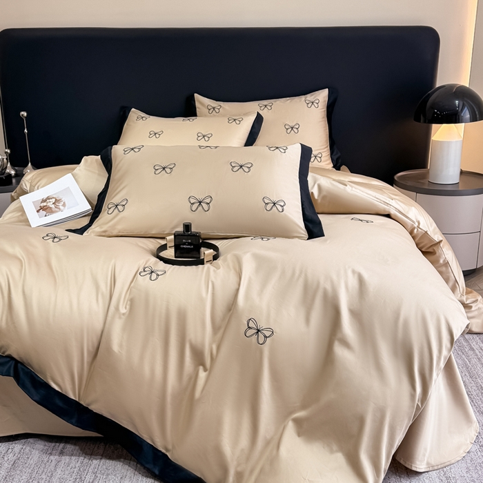 91家纺网 家纺一手货源 找家纺 KA家纺2025春夏新款全棉绣花四件套 雨蝶系列 雨蝶香槟