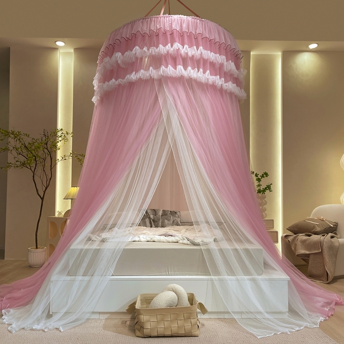 91家纺网 家纺一手货源 找家纺 宝莱利 2025年新款圆顶吊顶蚊帐-唯美 玫瑰粉