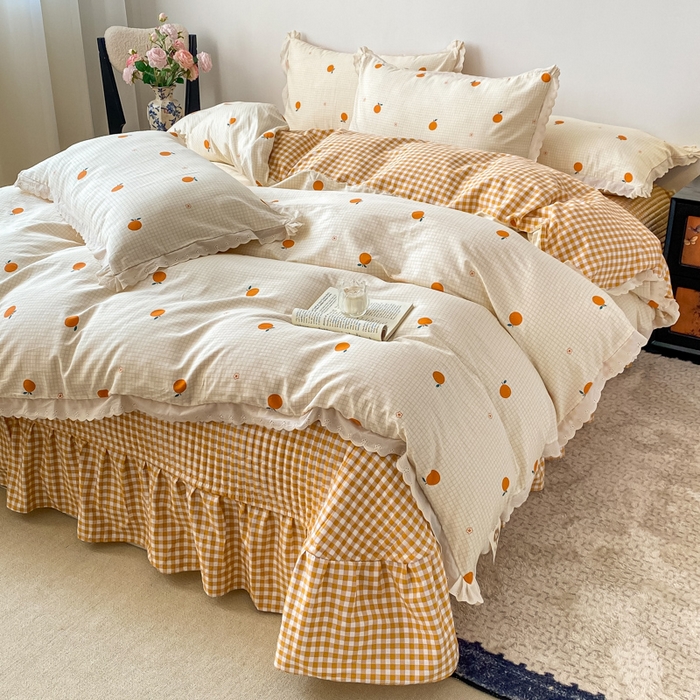 91家纺网 家纺一手货源 找家纺 梦可莱家居 2025新款全棉韩版蕾丝边床盖四件套 甜橙