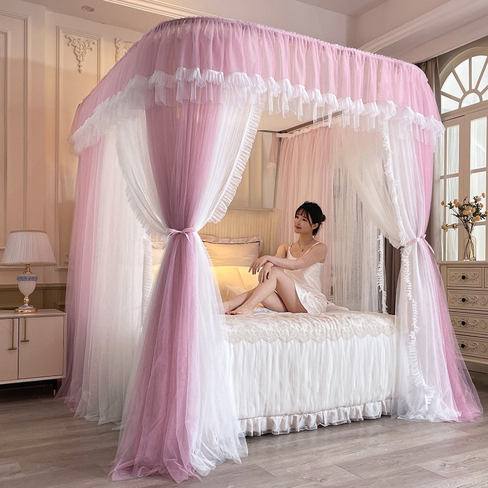 91家纺网 家纺一手货源 找家纺 宝莱利 2025年新款拉幕导轨蚊帐（可升降合金弯头支架）-田园风情 豆沙红