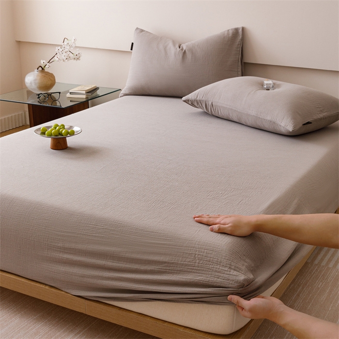 91家纺网 家纺一手货源 找家纺 趣色家纺 2025新款全棉皱皱纱单床笠 绅士灰