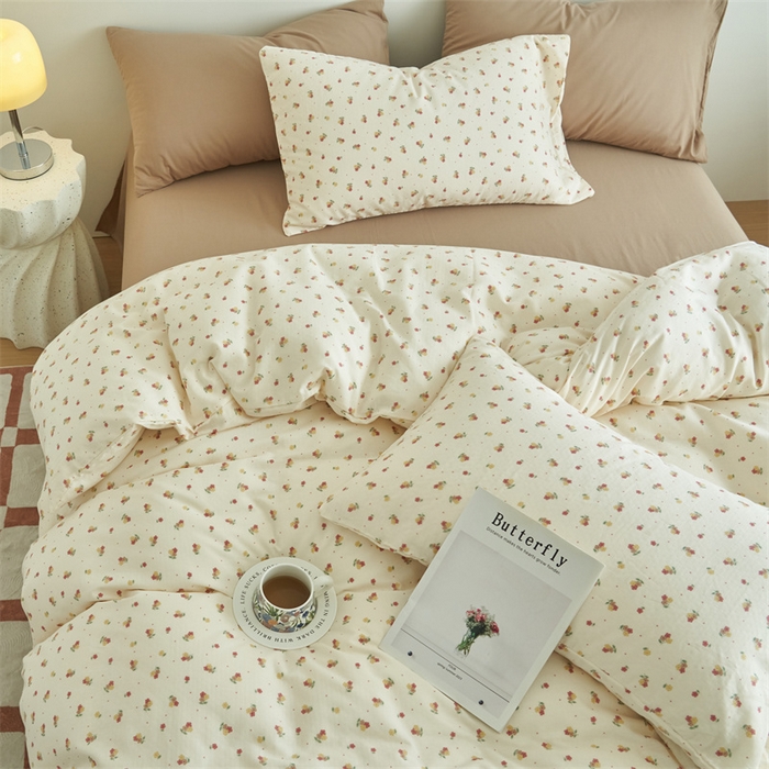 91家纺网 家纺一手货源 找家纺 趣色家纺 2025新款A类全棉双层纱印花四件套 柚香红