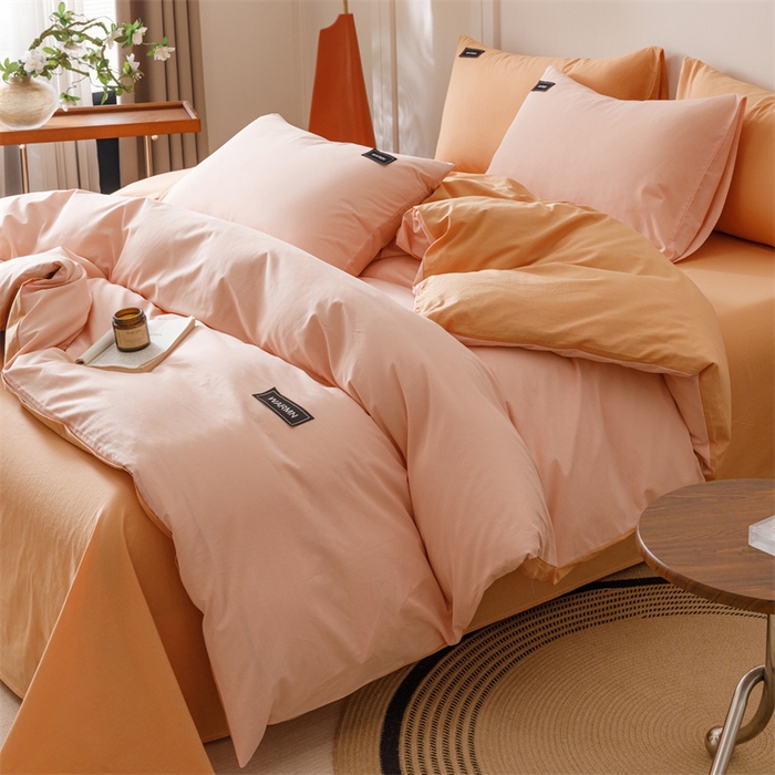 91家纺网 家纺一手货源 找家纺 趣色家纺 2025新款全棉双拼纯色四件套 浅粉+焦糖