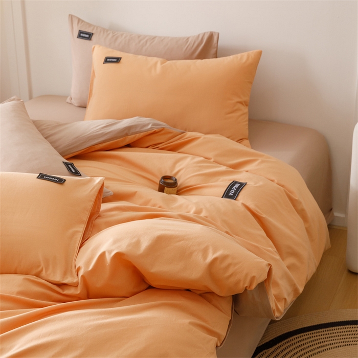 91家纺网 家纺一手货源 找家纺 趣色家纺 2025新款全棉双拼纯色四件套 焦糖+驼色