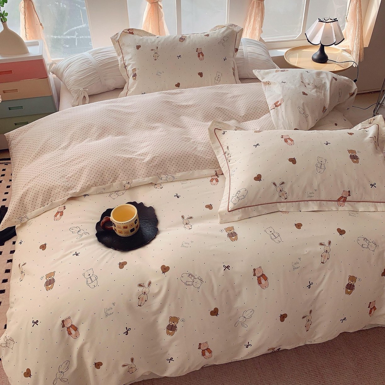 91家纺网 家纺一手货源 找家纺 奈萝家纺 2025新款亲肤小清新全棉四件套 布朗熊