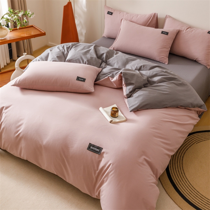 91家纺网 家纺一手货源 找家纺 趣色家纺 2025新款全棉双拼纯色四件套 香芋+浅灰