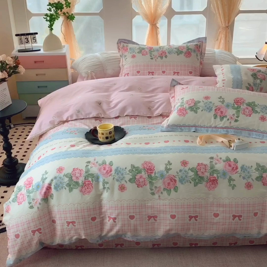 91家纺网 家纺一手货源 找家纺 奈萝家纺 2025新款亲肤小清新全棉四件套 安妮玫瑰