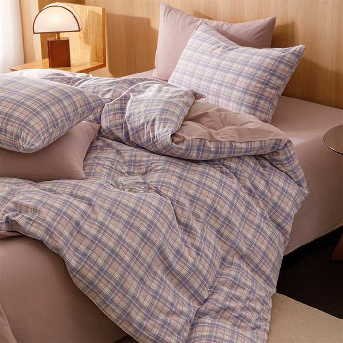 91家纺网 家纺一手货源 找家纺 趣色家纺 2025新款全棉色织水洗棉四件套 云舒紫