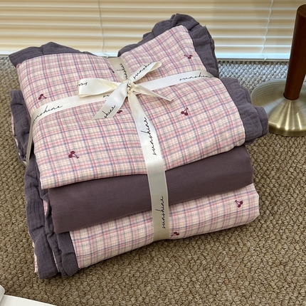 91家纺网 家纺一手货源 找家纺 （总）荣轩 2024新款全棉印花双层纱四件套 皱皱纱花边款