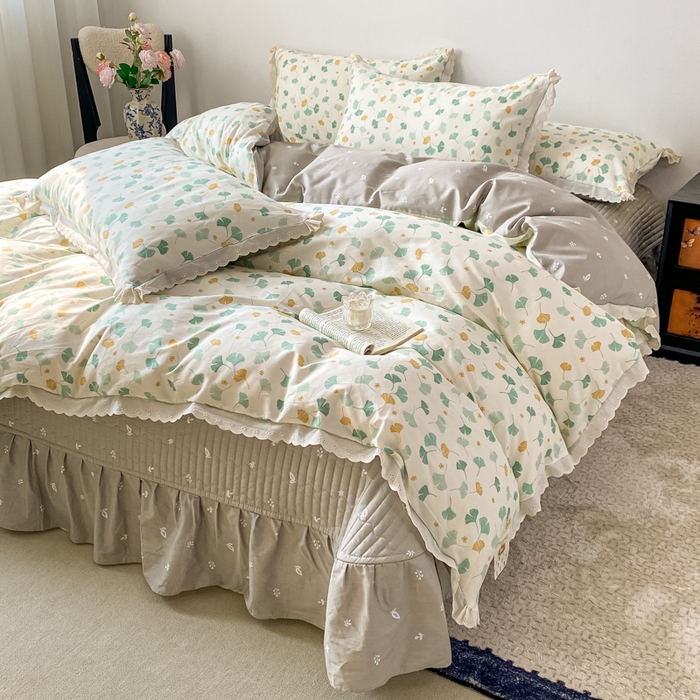 91家纺网 家纺一手货源 找家纺 梦可莱家居 2025新款全棉韩版蕾丝边床盖四件套 银杏叶