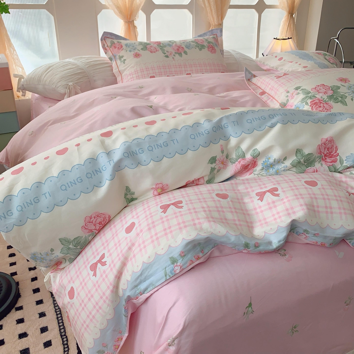 91家纺网 家纺一手货源 找家纺 奈萝家纺 2025新款亲肤小清新全棉四件套 安妮玫瑰