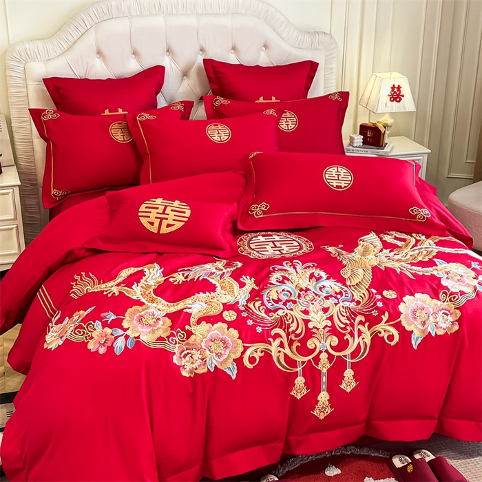 91家纺网 家纺一手货源 找家纺 欧乐蒂 2025新款亲肤棉刺绣婚庆四件套 金龙瑞凤