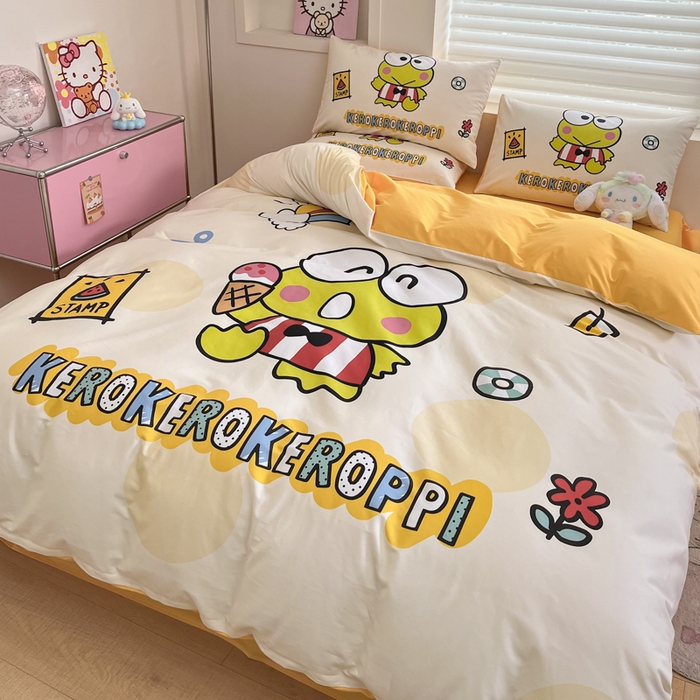 91家纺网 家纺一手货源 找家纺 金爱家 2025新款纯棉数码印花大阪三丽鸥四件套 假期快乐