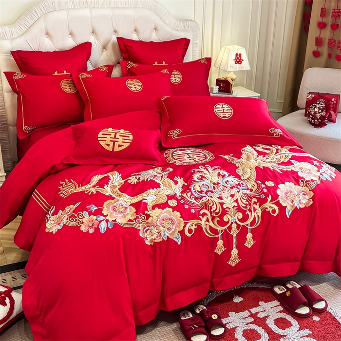 91家纺网 家纺一手货源 找家纺 欧乐蒂 2025新款亲肤棉刺绣婚庆四件套 金龙瑞凤