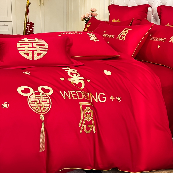 91家纺网 家纺一手货源 找家纺 欧乐蒂 2025新款亲肤棉刺绣婚庆四件套 喜愿