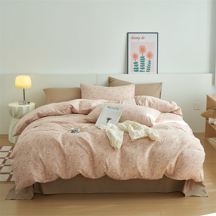 91家纺网 家纺一手货源 找家纺 趣色家纺 2025新款A类全棉双层纱印花四件套 清秋粉