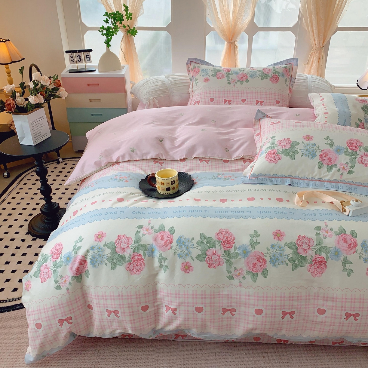 91家纺网 家纺一手货源 找家纺 奈萝家纺 2025新款亲肤小清新全棉四件套 安妮玫瑰